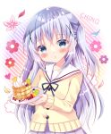  1girl :o bitter_crown blue_eyes blue_hair brown_sweater character_name commentary_request diagonal_stripes floral_background flower food gochuumon_wa_usagi_desu_ka? hair_ornament highres holding holding_plate kafuu_chino long_hair pancake pancake_stack parted_lips petals pink_flower plate pleated_skirt sailor_collar school_uniform serafuku skirt solo striped striped_background sweater two_side_up very_long_hair white_sailor_collar white_skirt x_hair_ornament 