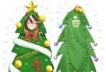  1boy 1girl animal_ears brown_hair christmas christmas_ornaments christmas_tree christmas_tree_costume closed_eyes facing_viewer gingerbread_man highres horse_ears horse_girl long_hair mafty multicolored_hair streaked_hair suiyou_dou_de_shou suzui_takayuki symboli_rudolf_(christmas_emperor_tree)_(umamusume) symboli_rudolf_(umamusume) umamusume 