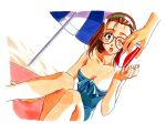  1990s_(style) 1girl arm_support bangs_pinned_back bare_shoulders beach beach_towel beach_umbrella blue_one-piece_swimsuit blush breasts brown_hair can casual_one-piece_swimsuit cleavage collarbone day dutch_angle feet_out_of_frame front-tie_top giving hairband hand_up holding holding_can hosaka_miyuki kai_tomohisa knees_together_feet_apart knees_up long_hair looking_at_viewer medium_breasts narrow_waist nose_pads official_art one-piece_swimsuit one_eye_closed open_mouth orange_eyes out_of_frame outdoors painting_(medium) photoshop_(medium) pink-framed_eyewear retro_artstyle sentimental_graffiti shiny shiny_hair sitting soda_can solo_focus strapless strapless_swimsuit surprised swimsuit towel traditional_media umbrella watercolor_(medium) white_hairband wince 