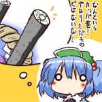  2girls :&lt; blue_hair blue_ribbon blue_shirt closed_mouth collared_shirt commentary_request food green_headwear hair_bobbles hair_ornament hat kawashiro_nitori lowres mogito multiple_girls neck_ribbon no_nose o_o ribbon shirt short_twintails sushi thought_bubble touhou translation_request twintails v-shaped_eyebrows yasaka_kanako 