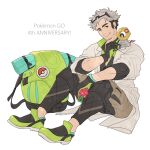  1boy anniversary backpack bag bag_removed batabiru closed_mouth coat commentary_request copyright_name facial_hair gloves goatee green_bag green_footwear grey_hair highres male_focus mature_male meltan multicolored_hair open_clothes open_coat pants pokemon pokemon_(creature) pokemon_(game) pokemon_go shoes sitting smile stubble thick_eyebrows two-tone_hair undercut willow_(pokemon) 