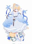  1girl adapted_costume blonde_hair blue_bow blue_dress blue_eyes blue_footwear blue_hairband bow chinese_knot cinderella cinderella_(disney) collarbone dress flower glass_slipper hair_bow hair_bun hairband highres korean_clothes lia_s2 lily_of_the_valley mouse pocket_watch puffy_short_sleeves puffy_sleeves pumpkin see-through see-through_sleeves short_sleeves skirt_hold solo tassel watch 