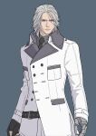  1boy bangs black_necktie blue_eyes buttons clawed_gauntlets collared_shirt cosplay cowboy_shot final_fantasy final_fantasy_vii final_fantasy_vii_remake final_fantasy_xv fingerless_gloves gloves grey_background grey_hair grey_shirt heterochromia high_collar highres jacket long_jacket long_sleeves looking_at_viewer male_focus medium_hair necktie parted_bangs purple_eyes ravus_nox_fleuret rufus_shinra rufus_shinra_(cosplay) sd_supa shirt solo white_jacket 