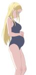 1girl bare_shoulders black_one-piece_swimsuit blonde_hair blue_eyes blush from_side highres kofune_ushio long_hair one-piece_swimsuit parted_lips pregnant profile school_swimsuit simple_background sincos solo summertime_render swimsuit white_background 