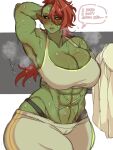  1girl armpits black_sclera blush breasts cleavage colored_sclera colored_skin english_text female_orc green_skin highres huge_breasts muscular muscular_female orc original pants picco pointy_ears red_hair scar solo sports_bra steaming_body sweat sweatpants thick_thighs thighs tusks yellow_eyes 