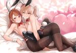  2girls animal_ears areola_slip bangs bare_arms bare_shoulders black_hairband black_leotard black_pantyhose blush bow bowtie brown_eyes brown_hair closed_mouth commentary_request detached_collar fake_animal_ears fine_fabric_emphasis hairband hojo_karen idolmaster idolmaster_cinderella_girls jougasaki_mika leotard long_hair looking_at_viewer mk_(mod0) multiple_girls pantyhose parted_lips playboy_bunny rabbit_ears red_bow red_bowtie smile teeth thighband_pantyhose thighs twintails wrist_cuffs yellow_eyes 