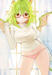  1girl absurdres bangs bow bow_panties breasts closed_mouth commission contrapposto dragon_girl dragon_wings glasses green_hair haiiro_teien highres horns indoors large_breasts long_hair long_sleeves looking_at_viewer medium_hair navel no_pants orange_eyes panties pink_panties shirt sleeves_past_wrists solo soradally standing sweater turtleneck turtleneck_sweater underwear white_shirt wings yosafire 