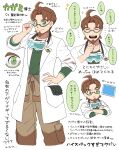  1boy adjusting_eyewear ahoge arrow_(symbol) baggy_pants bangs batabiru beard brown_hair brown_pants closed_mouth coat commentary_request facial_hair glasses goggles goggles_around_neck green_eyes green_shirt hand_on_hip hand_up highres looking_at_viewer male_focus mirror_(pokemon) new_pokemon_snap open_clothes open_coat pants parted_bangs pokemon pokemon_(game) semi-rimless_eyewear shirt short_hair smile speech_bubble translation_request white_coat 