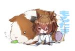  1girl agnes_tachyon_(umamusume) ahoge alternate_size animal_ears bangs brown_eyes brown_hair brown_pantyhose character_name chibi commentary cup earrings eating guinea_pig hair_between_eyes holding holding_cup horse_ears horse_girl horse_tail huge_ahoge jewelry labcoat lettuce medium_hair messy_hair minigirl open_mouth pantyhose single_earring sitting sleeves_past_fingers sleeves_past_wrists speech_bubble sweater tail tea teacup test_tube touko_56 translated umamusume white_footwear yellow_sweater 