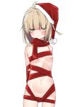  1girl absurdres ahoge arms_behind_back blush breasts brown_eyes brown_hair closed_mouth hat highres looking_at_viewer navel nipples nude original red_ribbon ribbon santa_hat simple_background small_breasts solo standing white_background wrapped_up yukimi_papino 