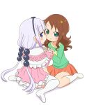  2girls bangs beads blue_eyes blunt_bangs blush brown_hair capelet child dress face-to-face female_child green_eyes green_shirt hair_beads hair_ornament hairband holding_hands interlocked_fingers kanna_kamui kobayashi-san_chi_no_maidragon long_hair looking_back low_twintails miniskirt multiple_girls no_shoes orange_skirt pink_dress pink_hair ribbon saikawa_riko shirakawa_mayumi shirt short_dress simple_background sitting skirt smile socks soles thighhighs twintails white_background white_capelet white_socks white_thighhighs yuri 