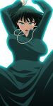  1girl arms_up bangs bead_necklace beads black_hair breasts dress fubuki_(one-punch_man) green_dress green_eyes jewelry large_breasts medium_hair mike_inel necklace one-punch_man open_mouth solo spread_legs transparent_background 