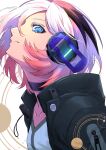  1girl absurdres black_coat blue_eyes cevio choker ci_flower closed_mouth coat collarbone commentary downcast_eyes flower_(vocaloid) glowing headphones highres looking_down mujikuro raised_chin shirt solo upper_body vocaloid white_background white_hair white_shirt 