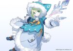  1girl ainezu black_footwear blue_coat boots closed_mouth coat disgaea fur-trimmed_hood fur-trimmed_sleeves fur_trim green_eyes green_hair hood hood_up looking_at_viewer makai_senki_disgaea_7 mittens neck_ribbon official_art outstretched_arms pom_pom_(clothes) ribbon smile solo spread_arms white_background yellow_ribbon 