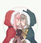  2girls animal_hood aqua_hair bangs black_gloves blunt_bangs blush bow bowtie brown_gloves brown_ribbon cape eye_contact from_side fur-trimmed_cape fur-trimmed_gloves fur_trim futaba_sana gloves green_eyes holding_hands hood hood_up hooded_cape looking_at_another magia_record:_mahou_shoujo_madoka_magica_gaiden mahou_shoujo_madoka_magica multiple_girls neck_ribbon noses_touching pink_eyes pink_hair profile red_cape ribbon santa_costume sidelocks simple_background smile snowflakes tamaki_iroha totte twitter_username upper_body wavy_hair white_background worried yellow_bow yellow_bowtie yuri 