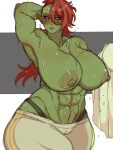  1girl abs armpits black_sclera blush breasts cleavage colored_sclera colored_skin female_orc green_skin highres huge_breasts large_breasts muscular muscular_female nipples orc original pants picco pointy_ears red_hair scar solo steaming_body sweat sweatpants thick_thighs thighs tusks yellow_eyes 