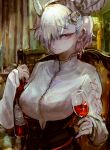  1girl alcohol bangs bottle broken_horn closed_mouth cup drinking_glass ear_piercing earrings garaku_gara hair_over_one_eye highres holding holding_cup horns indie_virtual_youtuber indoors jewelry looking_at_viewer piercing pink_eyes purple_nails re_(tori) ring sitting solo virtual_youtuber white_hair wine wine_bottle wine_glass 