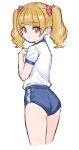  1girl aisaki_emiru ass blonde_hair blue_buruma buruma from_behind go!_princess_precure grey_background gym_uniform hand_on_own_chest highres kuppipi_ramutarou long_hair looking_at_viewer looking_back precure red_eyes ribbon shirt short_sleeves simple_background sketch solo thighs twintails white_shirt 