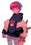  1girl backpack bag bangs black_hoodie blue_hair brown_bag closed_mouth commentary glasses hand_in_pocket highres holding holding_poke_ball hood hood_down hoodie long_sleeves menma_(enaic31) multicolored_hair pantyhose penny_(pokemon) poke_ball poke_ball_(basic) poke_ball_print pokemon pokemon_(game) pokemon_sv red_hair round_eyewear see-through see-through_skirt short_hair shorts shorts_under_skirt simple_background skirt solo two-tone_hair white_background 