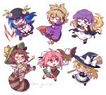  6+girls :3 :d ;3 ;d animal animal_ears antinomy_of_common_flowers apron arm_up bald_eagle bandaged_arm bandages bangs beads bell bird black_footwear black_headwear blonde_hair bloomers blue_hair blush_stickers bow bowtie broom brown_eyes brown_hair brown_tail bun_cover cape chain chibi covered_mouth cross-laced_footwear cuffs double_bun dress eagle earmuffs floating_hair flower frills full_body futatsuiwa_mamizou glasses gourd gradient_hair green_headwear grin hair_behind_ear hair_between_eyes hair_bow hair_bun hand_on_hip hand_on_own_cheek hand_on_own_face hand_up hat hat_bow hat_ornament hijiri_byakuren hinanawi_tenshi holding holding_broom holding_smoking_pipe holding_weapon ibaraki_kasen jingle_bell jitome kirisame_marisa kiseru leaf_hat_ornament light_brown_hair long_hair looking_at_viewer looking_up multicolored_hair multiple_girls no_nose okobo one_eye_closed open_mouth peach_hat_ornament pince-nez pink_flower pink_hair pink_rose pointy_hair popped_collar prayer_beads puffy_short_sleeves puffy_sleeves purple_cape purple_eyes purple_hair raccoon_ears raccoon_girl raccoon_tail rainbow_order re_ghotion red_bow red_bowtie red_eyes ritual_baton rose round_eyewear shackles short_hair short_sleeves simple_background smile smoking_pipe striped_tail swept_bangs sword_of_hisou tabard tail touhou toyosatomimi_no_miko twitter_username underwear v-shaped_eyebrows waist_apron weapon white_apron white_background white_bloomers white_bow white_dress witch witch_hat yellow_eyes yellow_footwear 