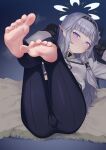  1girl absurdres barefoot black_gloves blue_archive blush cameltoe ear_piercing feet foot_focus gloves grey_hair hair_tubes hairband halo head_tilt highres himari_(blue_archive) jacket kumanomi legs looking_at_viewer lying on_back parted_lips piercing pointy_ears purple_eyes shawl soles solo sweat toes white_jacket 