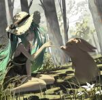  1girl absurdres animal bangs black_bow black_dress black_ribbon bow breasts brown_headwear chinese_commentary commentary dappled_sunlight day dress flower grass green_eyes green_hair hair_between_eyes hat hatsune_miku highres long_hair looking_at_animal loong_(loong_blo) on_ground open_mouth outdoors pinky_swear rabbit ribbon sidelocks sleeveless sleeveless_dress small_breasts smile solo straw_hat sunlight tree twintails vocaloid white_flower 