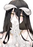  1girl albedo_(overlord) black_hair closed_mouth demon_girl gloves hair_between_eyes head_tilt highres horns interlocked_fingers looking_at_viewer neko_(ganecooo) overlord_(maruyama) own_hands_together simple_background slit_pupils smile solo upper_body white_background white_gloves yellow_eyes 