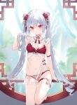  1girl :o ahoge bangs blurry blurry_background bow breasts depth_of_field double_bun flower grey_hair hair_between_eyes hair_bow hair_bun hair_flower hair_ornament hand_up highres long_hair looking_at_viewer nail_polish navel omelet_tomato original panties parted_lips red_bow red_eyes red_flower red_nails red_panties red_rose rose round_window see-through small_breasts solo twintails underwear very_long_hair window 