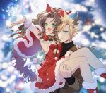  1boy 1girl aerith_gainsborough antlers aqua_eyes artist_name bangs black_sweater blonde_hair blurry blurry_background blush boots bow braid braided_ponytail brown_hair brown_jacket capelet carrying cat_princess christmas cloud_strife dress fang feet_out_of_frame final_fantasy final_fantasy_vii final_fantasy_vii_remake fur-trimmed_boots fur-trimmed_capelet fur-trimmed_dress fur_cuffs fur_trim green_eyes hair_between_eyes hair_ribbon jacket long_hair long_sleeves materia mistletoe open_mouth outstretched_hand parted_bangs parted_lips pom_pom_(clothes) princess_carry red_capelet red_dress red_footwear red_ribbon reindeer_antlers ribbon short_hair sidelocks smile snow spiked_hair strapless strapless_dress striped striped_bow sweater turtleneck turtleneck_sweater upper_body white_fur 