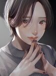  1girl black_nails brown_eyes brown_hair closed_mouth fingernails highres lipstick looking_at_viewer makeup nail_polish original own_hands_together red_lips short_hair solo steepled_fingers tsunko_(9v2_q) 