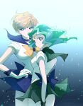  2girls back_bow bangs bishoujo_senshi_sailor_moon blonde_hair blue_background blue_bow blue_choker blue_sailor_collar blue_skirt bow breasts choker cowboy_shot elbow_gloves gloves gradient gradient_background green_choker green_hair green_sailor_collar green_skirt hand_on_hip highres kaiou_michiru long_hair looking_at_viewer looking_back medium_breasts multiple_girls namisonpictures parted_bangs pleated_skirt sailor_collar sailor_neptune sailor_senshi_uniform sailor_uranus school_uniform serafuku short_hair skirt smile swept_bangs ten&#039;ou_haruka tiara wavy_hair yellow_bow 