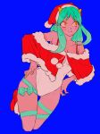  1girl bare_shoulders blue_background blush bow fur_trim green_eyes green_ribbon hand_on_own_thigh highres horns long_hair looking_to_the_side lum one-piece_swimsuit pecopecosupipi red_footwear ribbon santa_costume smile swimsuit thigh_gap thighs urusei_yatsura white_one-piece_swimsuit yellow_eyes yellow_nails 