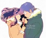  1boy 1girl blue_hair bow coat facing_another finger_bow fur-trimmed_coat fur_trim highres horns light_blush long_hair long_sleeves looking_at_another lum merry_christmas miyuki_(hoshikuzumiyuki) moroboshi_ataru oni oni_horns pointy_ears red_bow short_hair sidelocks twitter_username upper_body urusei_yatsura white_background winter_clothes winter_coat 