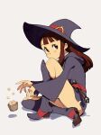  1girl bangs blunt_bangs boots brown_eyes brown_hair floating floating_object food full_body grey_background hat highres hood hood_down kagari_atsuko knee_boots little_witch_academia long_hair long_sleeves looking_at_viewer optionaltypo panties popcorn simple_background sitting solo underwear upskirt wand white_panties wide_sleeves witch_hat 