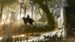  1other elden_ring forest from_side grass horse horseback_riding miso_katsu nature outdoors riding river samurai_(elden_ring) shield_on_back signature tarnished_(elden_ring) torrent_(elden_ring) tree 