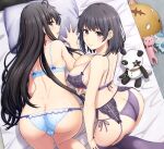  2girls absurdres ahoge all_fours ass back bed black_hair blue_bra blue_eyes blue_panties bra breasts cameltoe commentary_request from_above from_behind highres inanaki_shiki large_breasts lingerie long_hair looking_at_viewer looking_back looking_up multiple_girls on_bed panties pillow purple_bra purple_eyes purple_panties short_hair siblings sisters small_breasts stuffed_animal stuffed_panda stuffed_toy sweat underwear underwear_only yahari_ore_no_seishun_lovecome_wa_machigatteiru. yukinoshita_haruno yukinoshita_yukino 