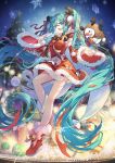  1girl antlers aqua_eyes aqua_hair bare_shoulders bell black_bow blurry blurry_background boots bow breasts brown_hood cat_princess chinese_commentary christmas christmas_tree commentary_request detached_sleeves dress fang full_body fur-trimmed_boots fur-trimmed_dress fur-trimmed_sleeves fur_trim hair_between_eyes hair_ribbon hatsune_miku highres holding holding_microphone hood hood_up long_hair long_sleeves looking_at_viewer medium_breasts microphone open_mouth pom_pom_(clothes) red_dress red_footwear red_ribbon reindeer_antlers ribbon short_dress smile snowman solo striped striped_bow twintails very_long_hair vocaloid white_fur 