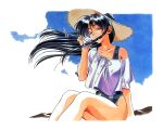  1990s_(style) 1girl bangs black_hair braid braided_sidelock casual_one-piece_swimsuit closed_eyes day floating_hair hair_ribbon hat holding kai_tomohisa long_hair off_shoulder official_art one-piece_swimsuit outdoors retro_artstyle ribbon seashell sentimental_graffiti shell shell_to_ear sitting smile solo straw_hat sugihara_manami sun_hat swimsuit swimsuit_under_clothes wind 