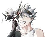  1boy asta_(black_clover) black_bull_(emblem) black_clover black_hair demon_boy demon_horns demon_tail demon_wings fang gen_me green_eyes grey_hair highres horns liebe_(black_clover) looking_at_another male_focus multicolored_hair one_eye_closed open_mouth shirt single_horn smile solo spiked_hair tail white_background white_shirt wings 