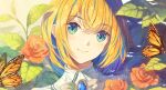  1girl absurdres bangs blonde_hair blue_eyes bow brooch bug butterfly collared_shirt flower gem head_tilt highres jewelry leaf looking_at_viewer monarch_butterfly orange_butterfly original plant rose shi-ro shirt short_hair smile solo 