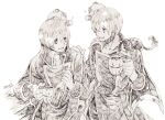  2boys animal_on_shoulder bangs bottle buttons cat cat_on_shoulder coat commentary_request cup dated double-breasted greyscale hair_between_eyes highres holding holding_bottle holding_cup looking_at_another male_focus military military_uniform monochrome mug multiple_boys open_mouth ragnarok_online rebellion_(ragnarok_online) short_hair signature simple_background smile stuffed_animal stuffed_toy teddy_bear tokio_(okt0w0) uniform upper_body 