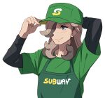  1boy alternate_costume apron arm_behind_head arven_(pokemon) bbhdrrr black_undershirt blush brown_hair closed_mouth commentary_request green_apron green_eyes green_headwear green_shirt hair_over_one_eye hand_on_headwear hands_up hat highres korean_commentary long_hair male_focus pokemon pokemon_(game) pokemon_sv shirt simple_background smile solo subway_(company) t-shirt undershirt upper_body white_background 