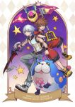  2boys bangs blue_eyes brown_hair chirithy creature cross-shaped_pupils grey_hair grey_pants hair_between_eyes holding holding_weapon hood hood_down keyblade kingdom_hearts_3d_dream_drop_distance male_focus multiple_boys open_mouth pants red_shorts riku_(kingdom_hearts) shirt short_hair shorts sleeveless sleeveless_turtleneck smile sora_(kingdom_hearts) spiked_hair star_(symbol) symbol-shaped_pupils turtleneck weapon white_shirt yurichi_(artist) 