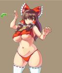  1girl absurdres alternate_breast_size alternate_costume ascot bare_shoulders bow breasts brown_background brown_hair closed_mouth cowboy_shot frilled_ascot frilled_bow frilled_hair_tubes frills hair_between_eyes hair_bow hair_tubes hakurei_reimu highres large_breasts long_hair nipple_slip nipples panties pout profitshame red_bow red_panties ribbon-trimmed_thighhighs simple_background solo thighhighs touhou underwear v-shaped_eyebrows water_gun white_thighhighs yellow_ascot 