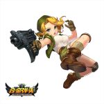  1girl bandana blonde_hair blue_eyes breasts brown_footwear chinese_commentary copyright_name full_body green_bandana green_jacket green_shorts gun hasumi_eri holding holding_gun holding_weapon jacket knee_pads lisong_shen looking_at_viewer metal_slug open_mouth shirt short_hair shorts simple_background solo weapon white_background white_shirt 