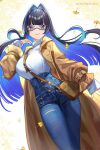  1girl bag bangs between_breasts black_hair blue_eyes blue_hair blue_nails blunt_bangs breasts closed_mouth colored_inner_hair cowboy_shot denim from_below ginkgo_leaf glasses hair_intakes handbag hanh_chu high-waist_pants highres hololive hololive_english jeans large_breasts leaf long_sleeves looking_at_viewer multicolored_hair official_alternate_costume ouro_kronii pants shirt_tucked_in smile solo strap_between_breasts tented_shirt torn_clothes torn_pants trench_coat turtleneck two-tone_hair virtual_youtuber 