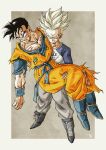  2boys black_footwear black_hair blank_eyes blonde_hair blood blood_on_arm blood_on_chest blood_on_face blood_on_hands blood_on_leg blue_eyes blue_footwear boots border carrying clenched_teeth commentary_request corpse crying crying_with_eyes_open death dougi dragon_ball dragon_ball_z grey_pants highres kakeru_(dbskakeru) looking_at_viewer male_focus multiple_boys pants pectoral_cleavage pectorals princess_carry raglan_sleeves scar scar_on_cheek scar_on_face scar_on_forehead shirt signature son_gohan son_gohan_(future) spiked_hair standing super_saiyan super_saiyan_1 tears teeth torn_clothes trunks_(dragon_ball) trunks_(future)_(dragon_ball) white_border wristband 