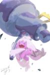  :d commentary dated grey_eyes hammer highres holding holding_hammer no_humans open_mouth pokemon pokemon_(creature) rock signature smile solo symbol-only_commentary tinkaton tongue white_background yu_ikedon 