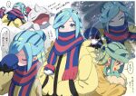  ... 1boy 217_shion_407 :d blue_mittens cetoddle commentary_request green_hair grusha_(pokemon) hair_bun hands_in_pockets highres holding holding_pokemon holding_tera_orb jacket long_hair long_sleeves looking_at_viewer male_focus multiple_views one_eye_closed open_mouth poke_ball_print pokemon pokemon_(creature) pokemon_(game) pokemon_sv scarf smile speech_bubble spoken_ellipsis striped striped_scarf swablu translation_request yellow_jacket 