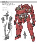  1girl absurdres arms_at_sides english_text flat_color full_body gun highres joints mecha original reference_sheet robot robot_joints science_fiction size_difference standing weapon white_background zen_(jirakun) 